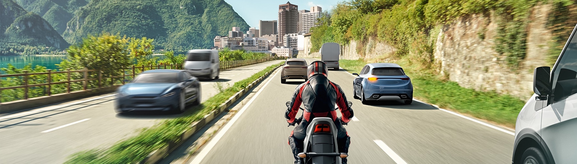 A view showing an example of a motorcyclist trying out Bosch's advanced radar technology.