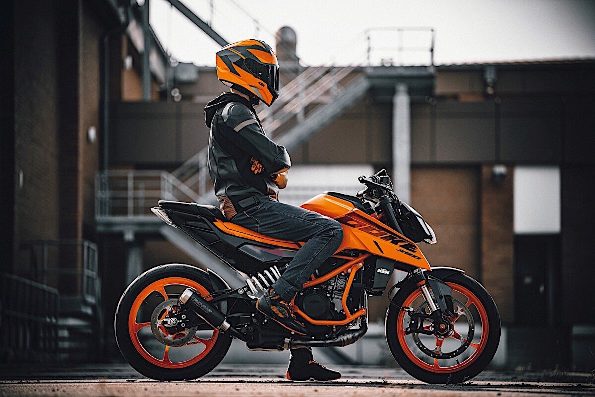 A view of a KTM motorcycle.